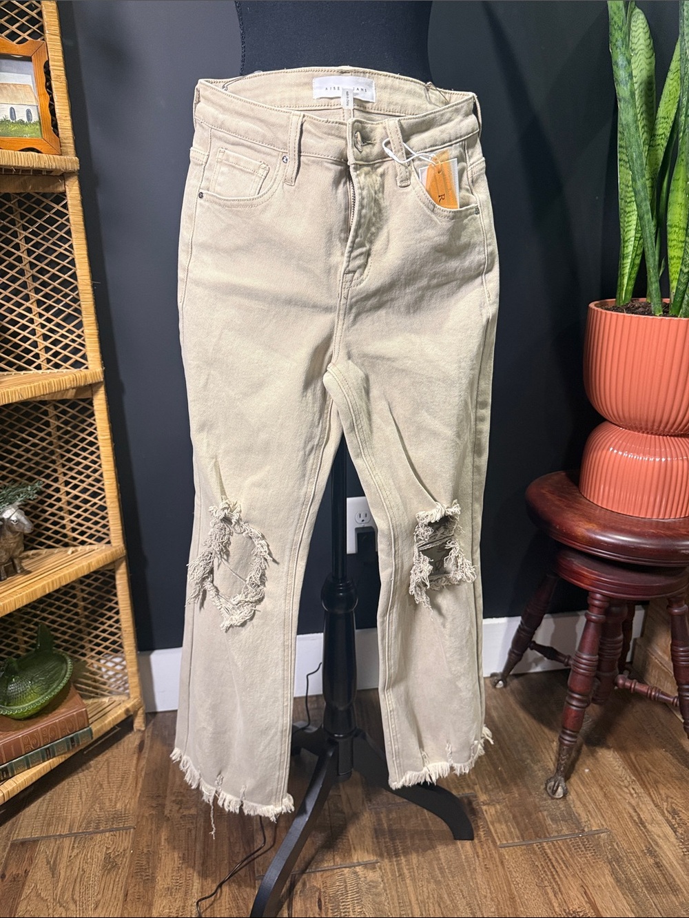 High-Rise Beige Distressed Wide-Leg Jeans